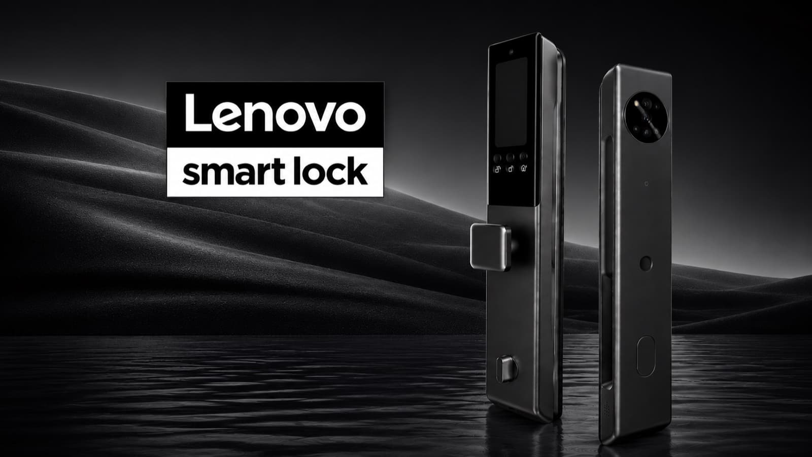 Cerradura inteligente Lenovo Smart Lock, frente y dorso, con logo Lenovo smart lock sobre fondo negro