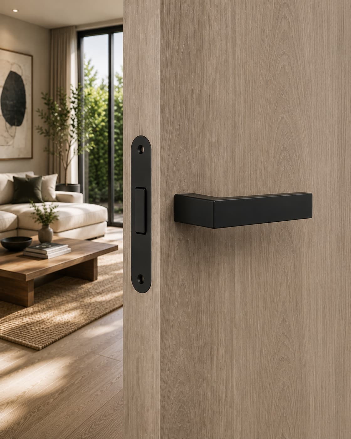 Manija recta negra con cierre magnético Concept, montada en una puerta Elekta de interior